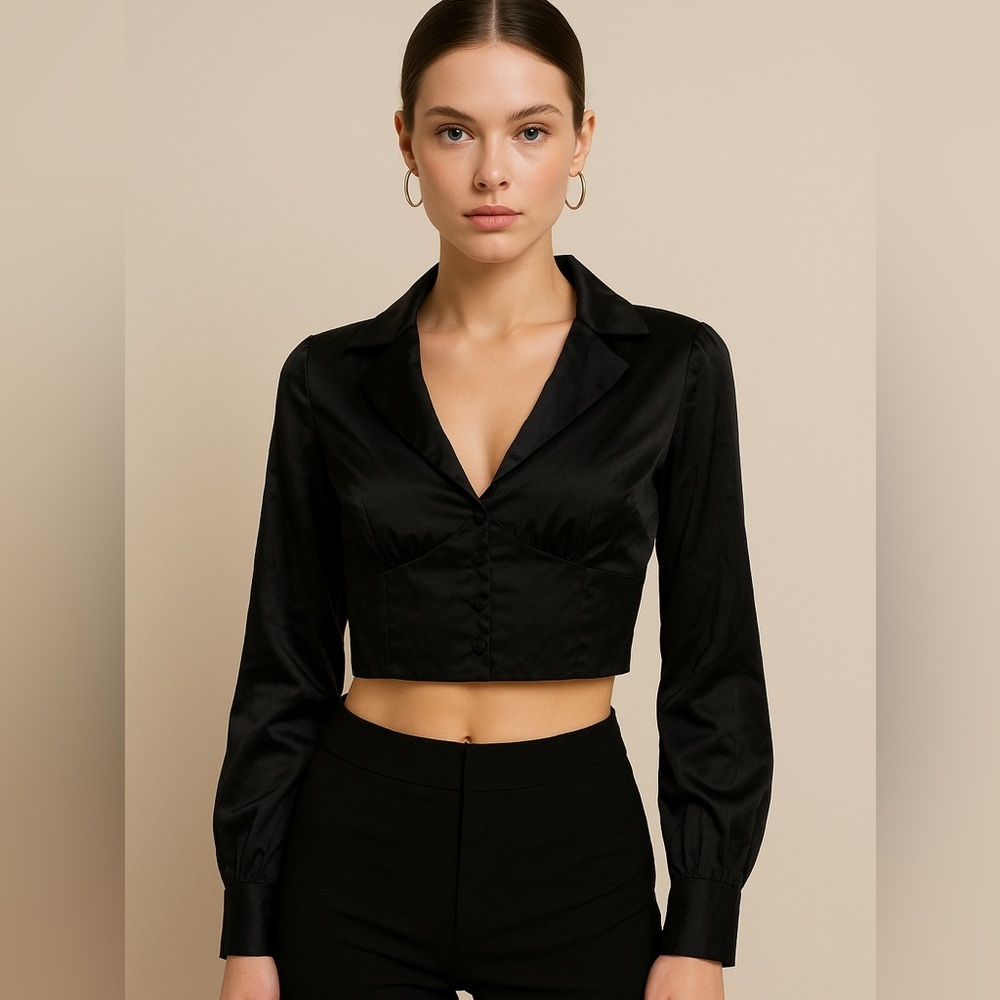 Zara Black Satin Fitted Long Sleeve Crop Top | Collared Sexy Evening Chic